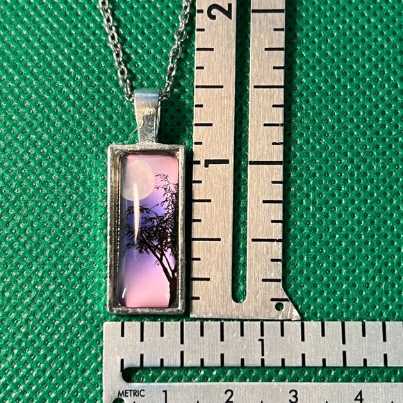 Purple Sky with Moon & Silhouette Tree Silver Tone Rectangular Pendant Necklace - Picture 3 of 5
